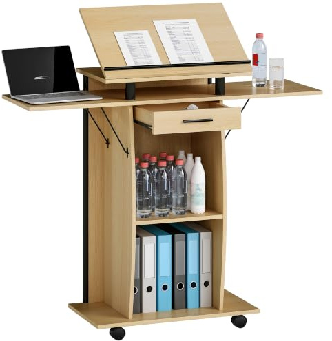 HOMCOM Rednerpult mit Rädern Klappbaren Seitenflügeln Eiche 126x37x136 cm | Neigbarem Laptopständer, Podiumständer mit Schublade, Regal Stehpult, für Kirche, Vortrag, Klassenzimmer