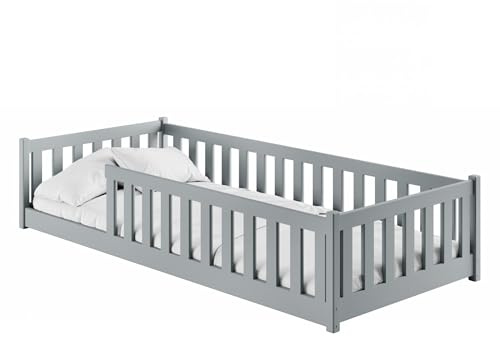 Kids Collective Lit au Sol Enfant 90x190 cm avec barrière de sécurité et sommier à Lattes, lit Montessori, Lit Simple pour Enfants et Adolescents | Gris | de 4 à 18 Ans
