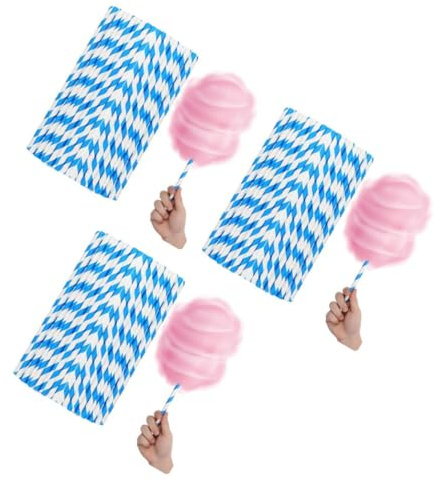 Cabilock 150 pcs Cotton Candy Paper Lollipop Sticks Heavy Duty Commercial Grade for Automatic Cotton Candy Machines Blue and White Striped Supplies for Parties and Events