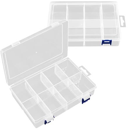TONGIHS 2 Stück Fächer Aufbewahrungsbox,für Kleinteile,Perlen,Transparent | 8 Fächer,Kunststoff,Strapazierfähig,Übersichtlich,Leicht,Handlich,mit verschiebbaren Trennwänden,für Schlafzimmer,Küche