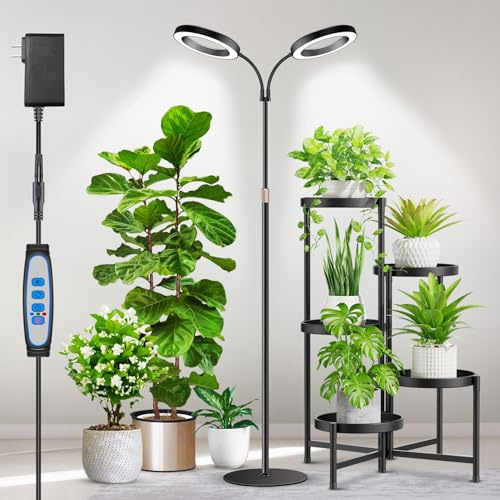 Aumtrly 2 Head Grow Light Full Spectrum, Black, with 68 Adjustable Stand | 6/12/16H Timer, 5 Dimming Level, 168 LED Halo Design, Flexible Gooseneck, Metal Base, Floor Growing Lamp for Large Tall Plant