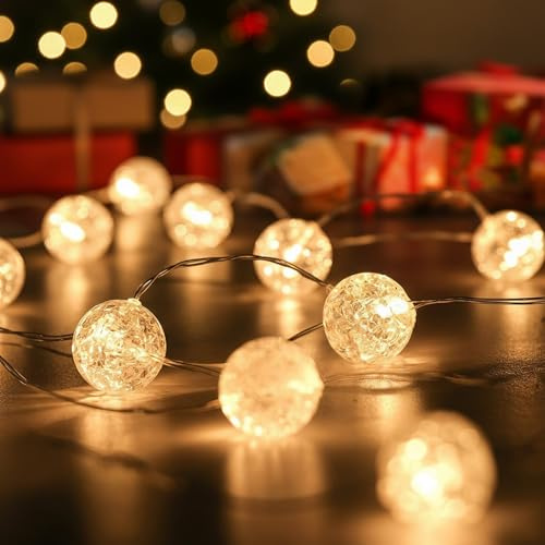 ALEGRE Kristall Kugeln Lichterkette mit Timer,1M 10 LED Lichterkette Kugeln Batterie,Micro Kupferdraht Crackle Kugel Lichterketten Innen, Kugellichterkette für Geburtstag,Schlafzimmer,Weihnachten Deko