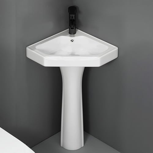 Kompaktes Eckwaschbecken mit Wasserhahn & Ablauf-Set, platzsparendes dreieckiges Keramik-Badezimmerwaschbecken mit Überlauf, perfekt für kleine Räume und Badezimmer
