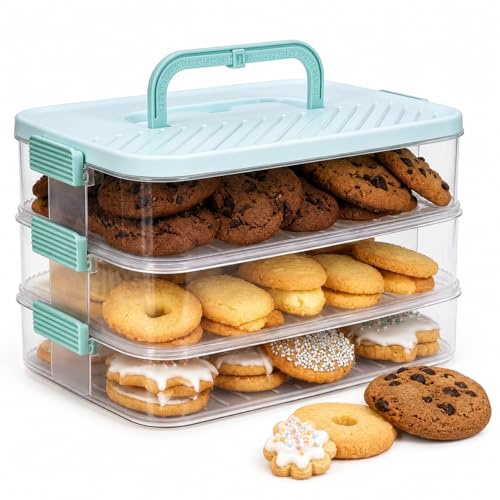 Punorric Cookie Storage Container 3-Tier, Biscuit Tins Large Biscuit Container with Time Marker Handle, Stackable Dumpling Storage Box & Cookie Serving Tray for Sharing