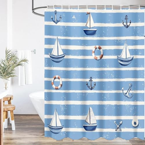 UUZEAI Maritim Duschvorhang 160 x 170 cm, Blau Streifen Nautische Anker Rettungsring Segelboot Waschbar Polyester Textil Wasserdicht Badevorhang für Badewanne mit Haken