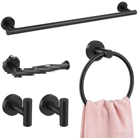 5 Pcs Matte Black Bathroom Accessories Set, Stainless Steel Wall Mounted Bathroom Hardware Set Includes Towel Rail, Toilet Paper Holder, Towel Ring and Robe Hooks, Rustproof Waterproof Easy to Install