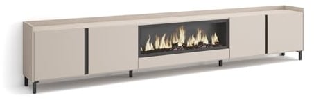 Skraut Home | TV-Schrank, Lowboard | für Wohnzimmer und Esszimmer | 315x61x35 cm | Für TV-Geräte bis zu 80 | Elektrokamin XXL | Industriedesign | Moderner Stil | Beige