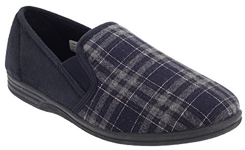 Zedzzz Mens Harley Check Textile Twin Gusset Slip On Slippers Navy Blue