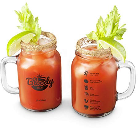 Final Touch Pack of 2 Bloody Mary MASON JAR GLASSES Verres à Cocktail Mason Jar - 2 Verres Avec Poignée | Avec recette imprimée sur chaque verre 600ml