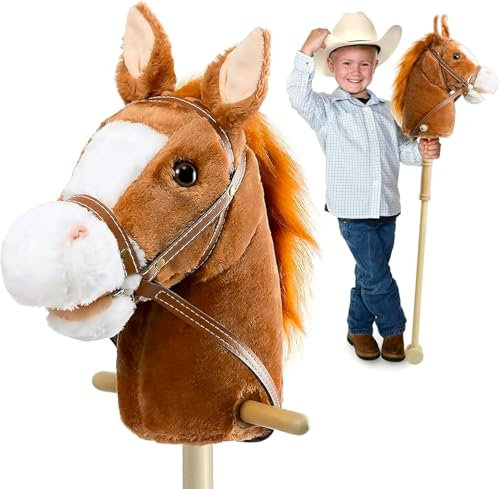 HollyHOME Stick Horse Age 6+ with Wood Wheels Real Pony Neighing and Galloping Sounds Plush Hobby Horse Toy, 91cm, Brown (AA Batteries Required)