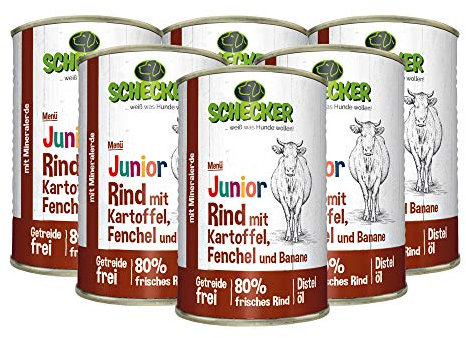 Schecker Nassfutter - Hundemenü Junior Rind mit Kartoffel, Fenchel und Banane - 6 x 410 g - Welpenfutter - 80% frisches Rind