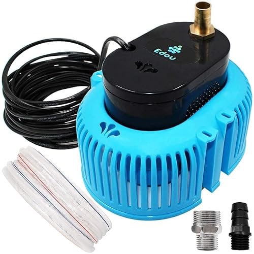 EDOU Unterwasser-Schwimmbecken-Abdeckungspumpe – ideal zum Ablassen von oberirdischem – 850 GPH max. Durchfluss, 75 W max. Leistung – inklusive 16-Fuß-Abflussschlauch und 3 Adaptern (schwarz und blau)