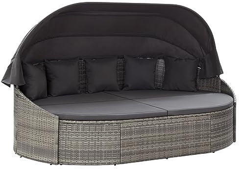 vidaXL Outdoor Sonneninsel mit Dach Gartenliege Liege Insel Gartenmöbel Lounge Sitzgruppe Gartenmuschel Sonnenliege Poly Rattan Grau