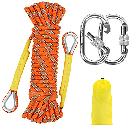 NTR Orange/Black/Blue Climbing Rope 10M(32ft) 20M(64ft) 30M(96ft) 50M(160ft), 8MM Static Rock Climbing Rope with 2 Steel Hooks, Rappelling Rope for Outdoor, Hiking Safety Escape Rope, Rescue Parachute