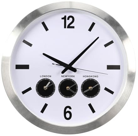 Perel Wandfunkuhr, Funkuhr Wand Küche, Wanduhr Funk, Küchen Funkuhr, Funk Wanduhr groß, Küchenuhr, Weltuhr mit 3 Zeitzonen, DCF, rund, analog, 50.5 cm, Aluminium, Silbergrau