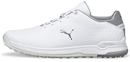 PUMA Men's PROADAPT ALPHACAT Leather Golf Shoe, White-Silver, 7.5 UK