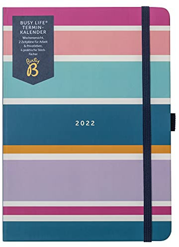 Busy B - Busy Life Terminkalender von Januar bis Dezember 2022 - Streifen Design A5 Wochenplaner mit doppeltem Terminplaner, Stifthalter und Steckfächern (Deutsch)