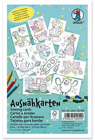 Ursus 28310099F Ausnähkarten für Kinder, 50 weiße Stickkarten mit vorgedruckten Motiven zum Aussticken und Ausmalen, ca. 11 x 17 cm groß, Mittel