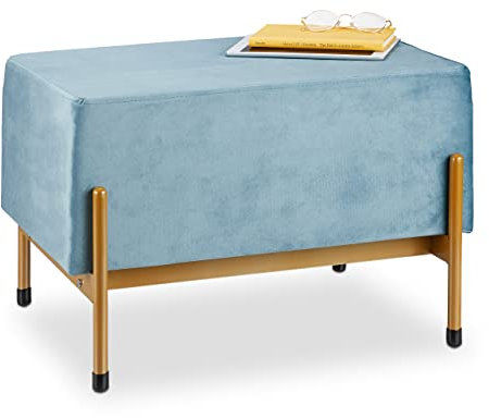 Relaxdays Sitzbank Samt, Polsterbank mit Metallfüßen, Samtsitzbank Schlafzimmer, Flur, HBT: 40x60x43,5 cm, hellblau/Gold