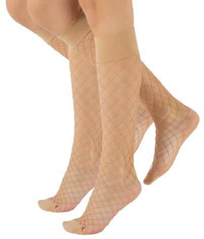 CALZITALY 2 pares medias hasta la rodilla de rejilla | pantys de red | medias de red grande | Negro, Natural | calceteria italiana | (Talla unica, Natural)