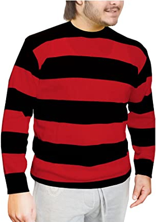 FAIRY BOUTIQUE Adults Unisex Red and Black Striped Knitted Crew Neck Jumper Kids Long Sleeve Halloween Parties Fancy Sweatshirt Sweater Top