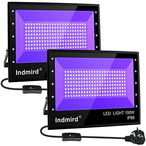 Indmird LED Schwarzlicht Strahler, 2 Stück 100W Schwarzlichtlampe IP66 Wasserdicht LED UV Strahler mit Stecker 395-400nm UV Flutlicht Partylicht für Halloween Aquarium Bühnen Party Neonfarben Effekte
