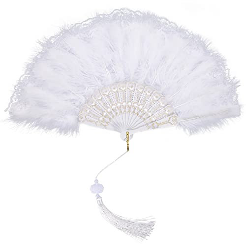 MWOOT White Marabou Feather Fan, 1920s Lace Flower Handheld Vintage Style Feather Fan for Costume Halloween Dancing Show Tea Party Wedding Decoration