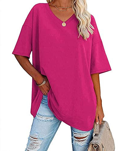 Famulily Women's Summer Casual Half Sleeve T Shirt Ladies Basic Solid Color Tunic Tops V Neck Tshirts Hot Pink L