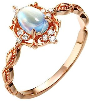 AMDXD Rosegold 14K Au585 Ring für Damen, Retro Hochzeitsband mit Mondstein Oval, 585 Gold Partnerringe Verlobungsring Echtgold Schmuck, Rose Gold, Gr.66