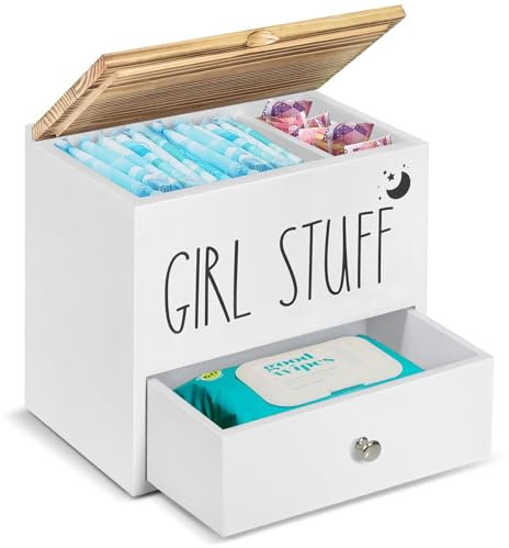 Wood Feminine Product Organizer with Drawer and Lid, Pad and Tampon Organizer Bathroom Accessories Box for Storage, White Cotton Ball/Swab Holder