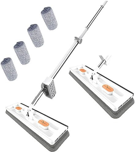 Aoguni Roseionly Grand Balai serpillère plat, avec raclette d’essorage autonome et lavettes en fibre super absorbants, pour utilisation humide et sèche (avec 4 lavettes en microfibre) (Blanc)