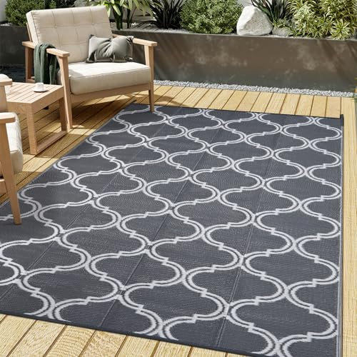 PureCozy Outdoor-Teppich aus Kunststoff, Strohteppich, wasserdicht, für drinnen und draußen, 12,7 x 20,3 cm, geometrisch, wendbar, marokkanisches Grau, waschbar, großer Außenbereich, für Camping,