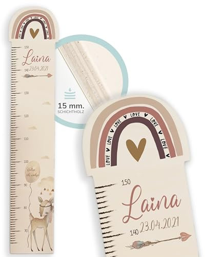 Kidsmood Messlatte für Kinder aus Holz, personalisiert mit Wunschnamen, Regenbogen Messlatte Kind Holz, individuelle Dekoration für Baby- & Kleinkinderzimmer