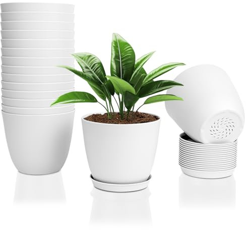 FORAGIFT 16 Pack 15cm Plastic Plant Pots for Indoor Flower Pots, Heavy Duty and Stylish Plant Pots for Indoor Plants with Drainage Holes and Tray for Plants, Flowers, White