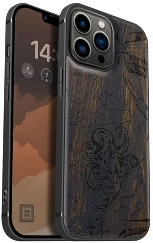 Carveit Custodia Compatibile MagSafe per iPhone 13 Pro Max Case, Legno Cover avec Magnetico per Apple 13 Pro Max Custodia Paraurti Robusto TPU (Legno nero-Polpo di acque profonde)