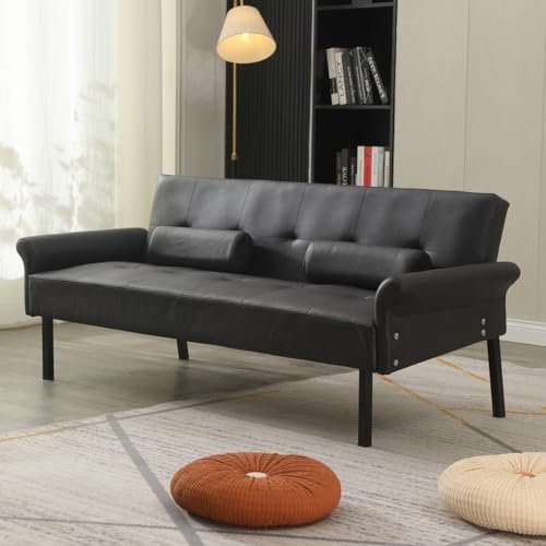 Panana 3 Seater Sofa Bed,Click Clack with Armrest Sofabed Fabric Couch Recliner,Choice of Colour (Black Faux Leather, Without Drinks Cup Holder)