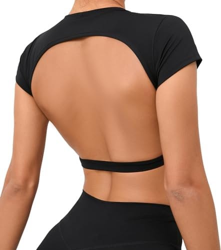 Women's Open Back Yoga T-Shirts Solid Short Sleeves Athletic Crop Top Crewneck Seamless Workout Gym Top Slim Fit Cropped Activewear Black M