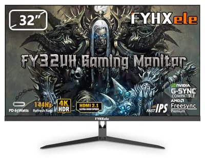 FYHXele 32 Pollici 4K 144Hz Gaming Monitor UHD (3840x2160) Fast IPS 1ms 16:9 PC Monitor 400 cd/m² FreeSync Premium HDR 400 DP1.4 HDMI2.1 USB-C USB Hub 95% DCI-P3 VESA 100 * 100mm
