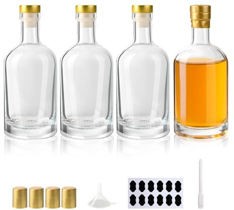 YBCPACK 12 oz /375ml Glass Liquor Bottles for Party Favors,4 Pack Empty Wine Bottles with T-Top Caps, Heat Shrink Capsules, Heavy Base Vodka Bottle for Alcohol, Oil, Vinegar
