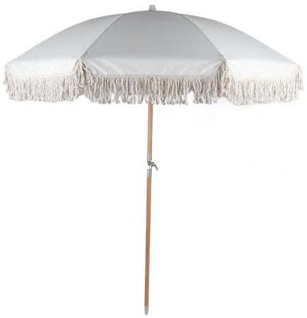Sombrilla de Patio con Flecos, Sombrilla de Playa, Sombrilla de Borla Vintage, Sombrilla de Picnic con 8 Varillas de Fibra de Vidrio, 50+, Botón de Inclinación para Jardín (Beige)