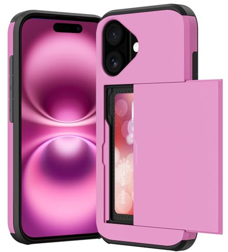 ACOCOBUY Compatible with iPhone 16 Case with Card Holder Shockproof Protective Dual Layer Hidden Credit Card Slot Heavy Duty Wallet Phone Cover Armor Rubber Bumper Shell 6.1 inch for Women pink