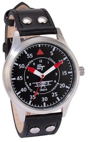 EUROtops Pilotenuhr Atlas – Analoge Fliegeruhr mit roten Zeigern, Chinesisches Quarz-Uhrwerk, Mineral Glas/Zinklegierung/Leder-Armband, Herren-Armbanduhr zum Flug um die Welt in 1924