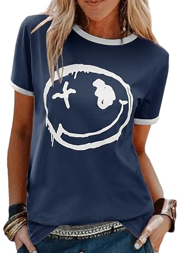 heekpek Women's T-Shirts Crew Neck Ladies Short Sleeve T Shirts Summer Tops Graphic Printed Tee Casual Cotton Tshirts Navy Blue M