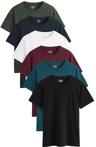 NEXT Hombres Pack de 6 Camisetas básica de Corte estándar en algodón Azul Marino/Verde Azulado/Blanco/Negro/Verde/Burdeos M