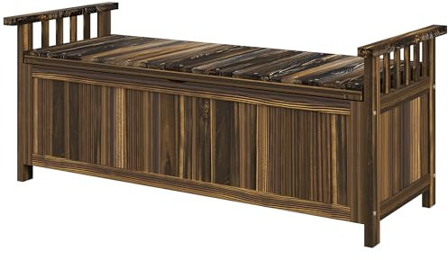 Outsunny Gartenbank mit Stauraum Sitzbank aus Holz für 2 Personen, Truhenbank mit Armlehne, Parkbank, Balkonbank, Holzbank für Balkon Terrasse, Garten, 240kg belastbar Verkohlt