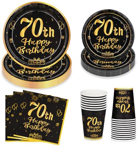 70th Happy Birthday Party Plates Cups and Napkins, Black Gold 9 and 7 Disposable Paper Plates and Cups, 96pcs Party Tableware Set 24 Guests, Birthday Supplies for Table Decorations