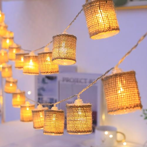 SUAVER Guirlande lumineuse LED rétro à piles - En lin - Style vintage - Lampions décoratifs - Atmosphère - Pour décoration de table, salon, mariage, Noël, fête (2 m, 10 LED)