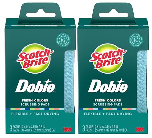 Scotch-Brite Dobie Non-Scratch All-Purpose Scrub Pads, 6 Total Pads (2 Packs of 3), Reusable Scouring Sponges for Kitchen & Bathroom, Safe on Non-Stick Cookware, Assorted Colors