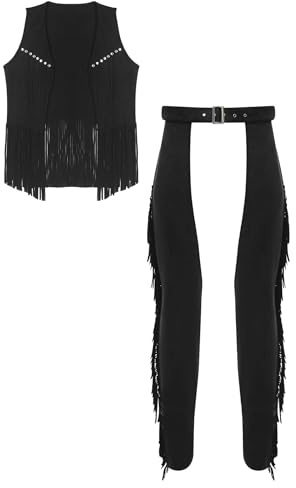 Eandarui Mens Tassel Western Cowboy Outfits Fringe Vest Waistcoat Jacketwith Cowboy Chaps Set for Halloween