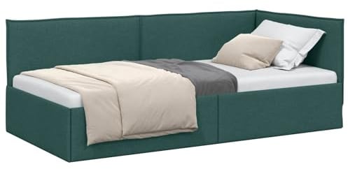 vidaXL Eckbettgestell mit Kopfteil Dunkelgrün 90 x 200 cm Stoff, Modernes Schlafzimmer-Setup, rechteckiges Eck-Tagbett, platzsparendes Möbel, vielseitiges Schlafsofa für kleine Räume